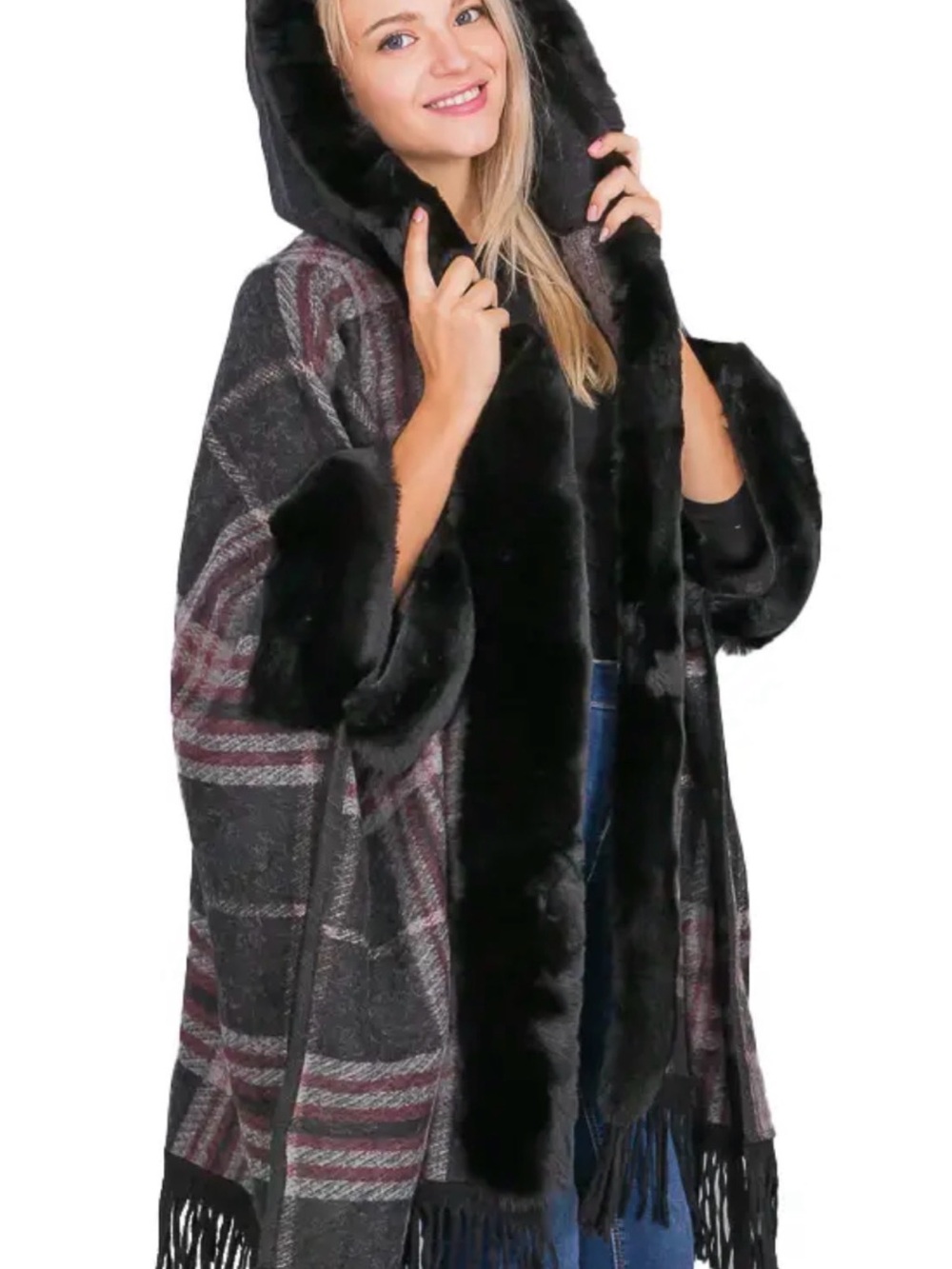 Designers Originals Black Hooded Faux Fur Trim Plaid Cape